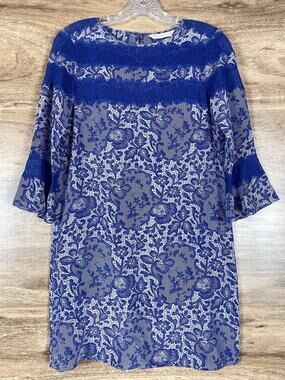 Rebecca Taylor Silk Dress Size 0 Blue White Lace Print Bell Sleeve Shift Mini